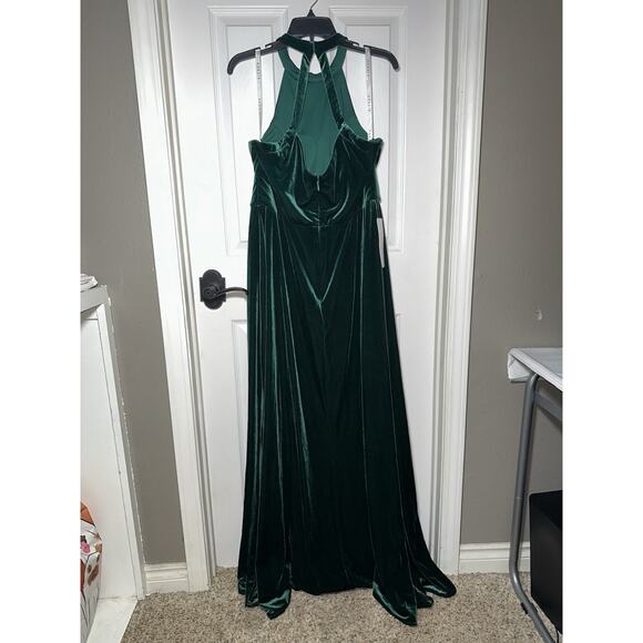 Azazie Larice Green Halter Velvet Floor Long Dress Slit 14 Gown Garment Bag - Picture 7 of 12